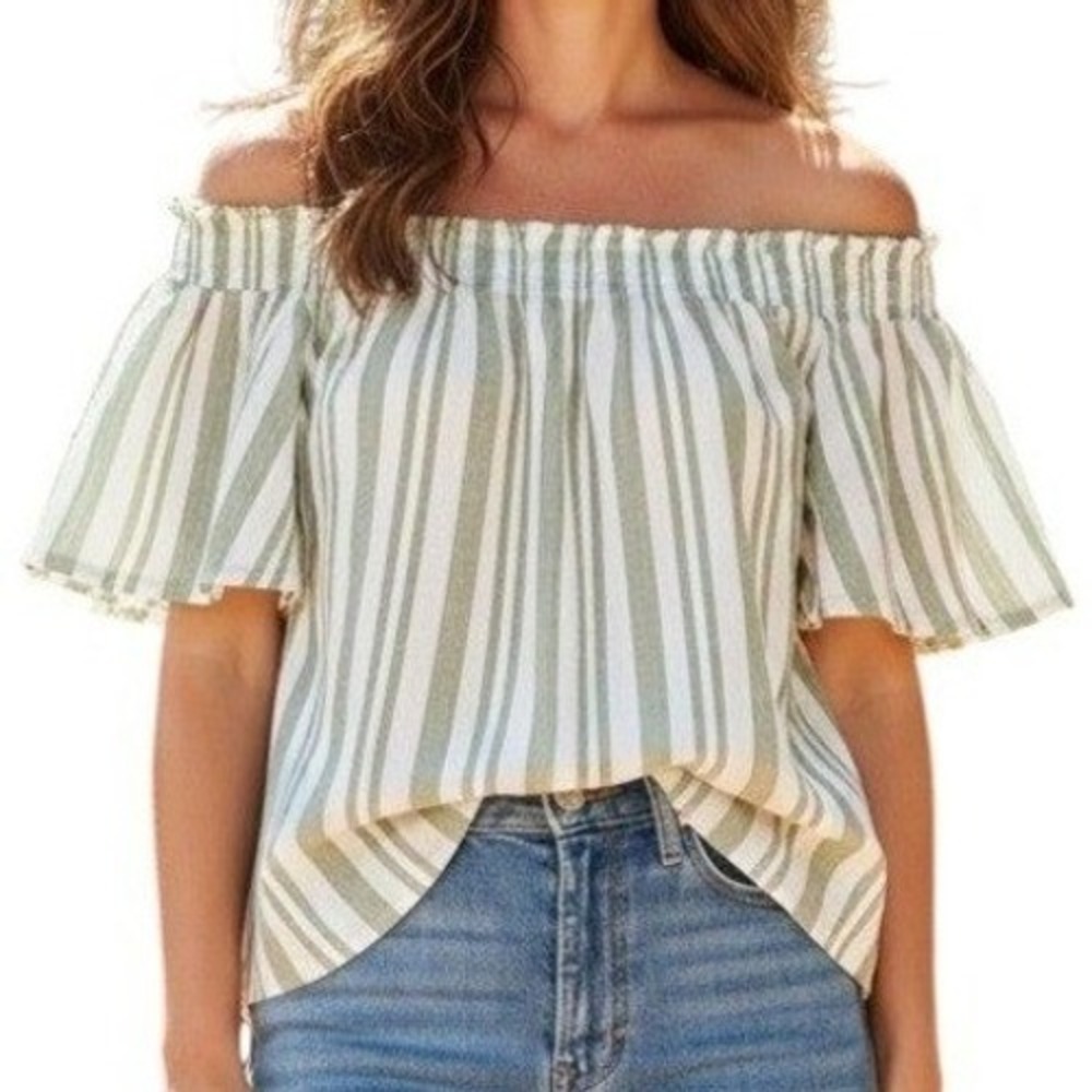 FRENCH LAUNDRY Off-Shoulder Top Sage Green Stripe Short Sleeve Women's Large